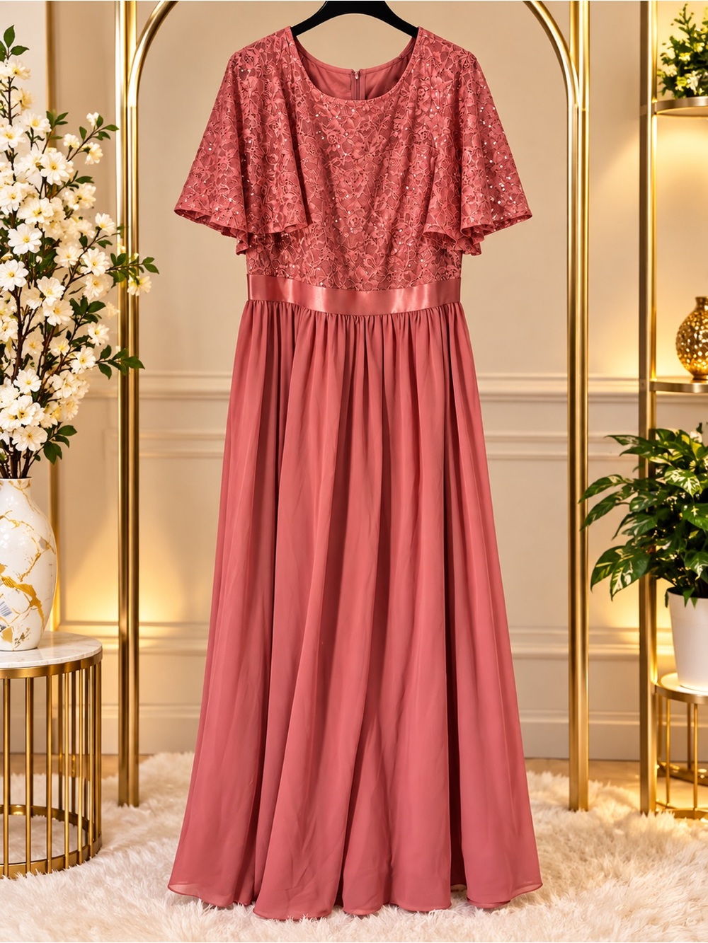 Miusol Dusty Rose Lace Bodice Flutter Sleeve Maxi Dress